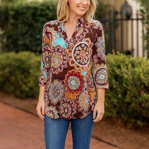 Boho Chic Haptics by Holly Harper Split Neck Tunic Top/Vibrant Floral Geometric